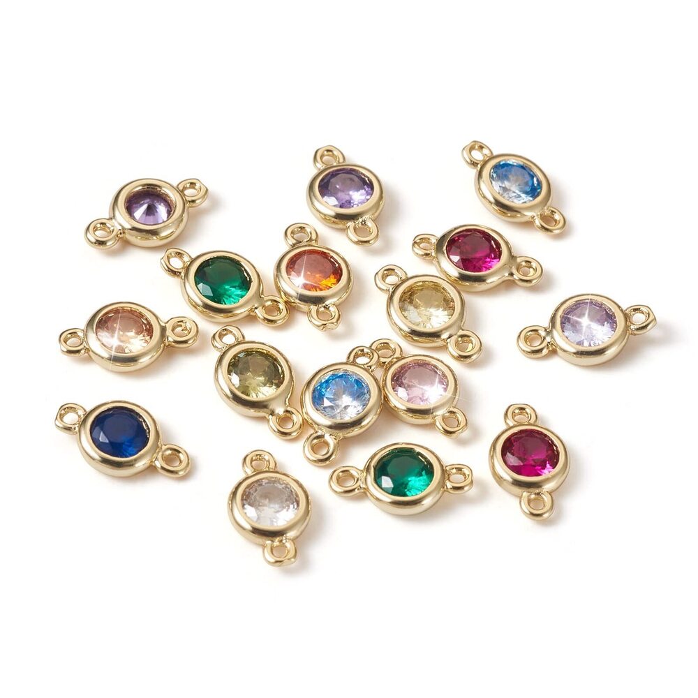 7646 24Pcs Real 14K Gold Brass Cubic Zirconia Connector Charms Flat Round